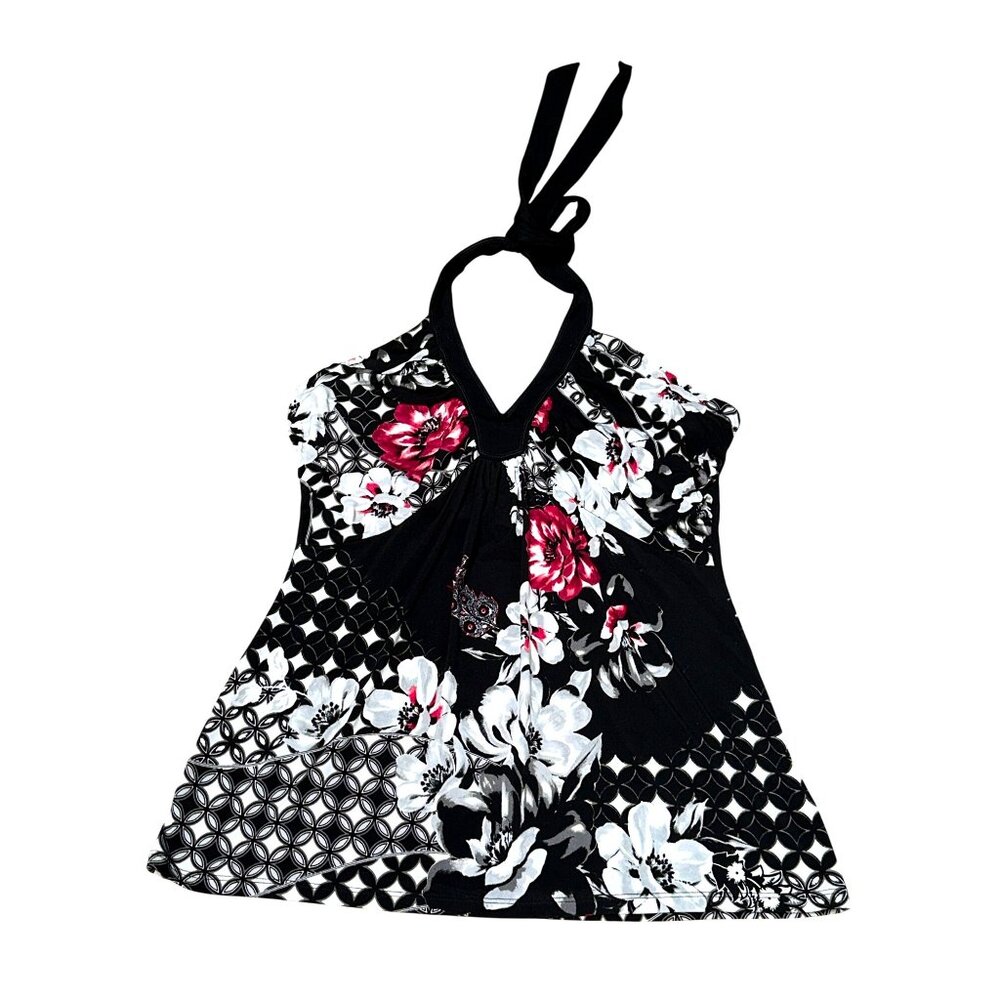 White House Black Market Halter Top Medium Floral Geometric Print Boho Chic - Picture 11 of 12